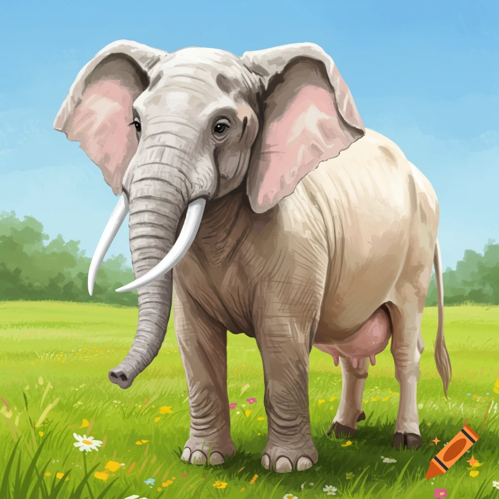 An elephant-cow hybrid stands in a grassy field.