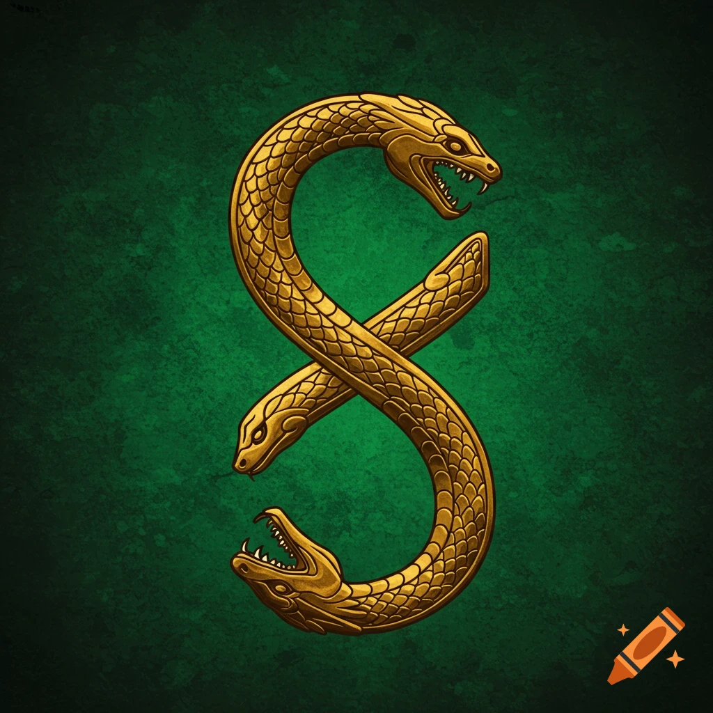 Two golden snakes twisted into an S shape on a green textured background.