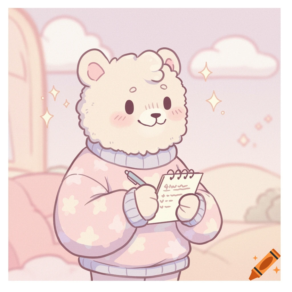 Cartoon pastel bear in pink sweater writing on notepad