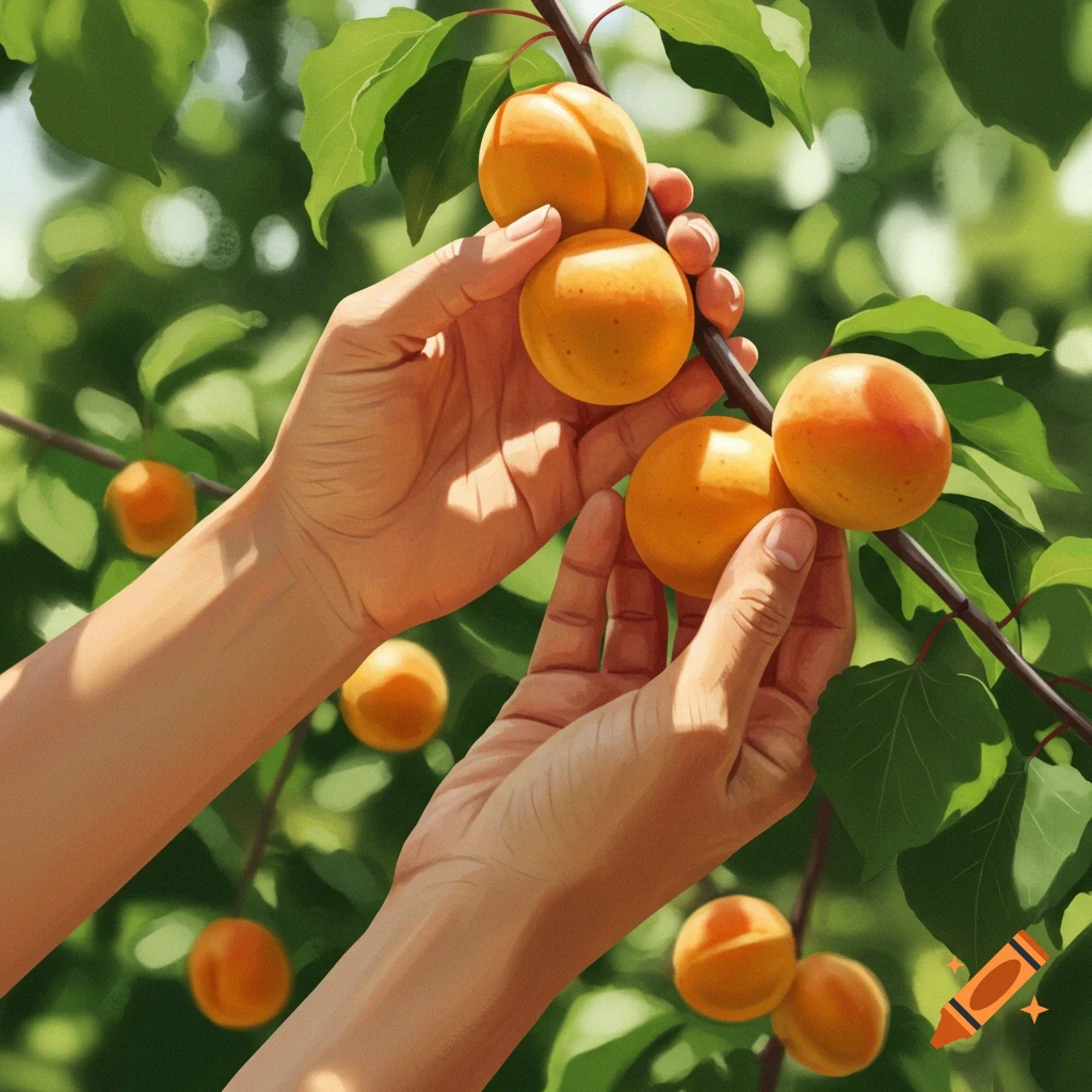 Hands picking ripe apricots from a tree branch.