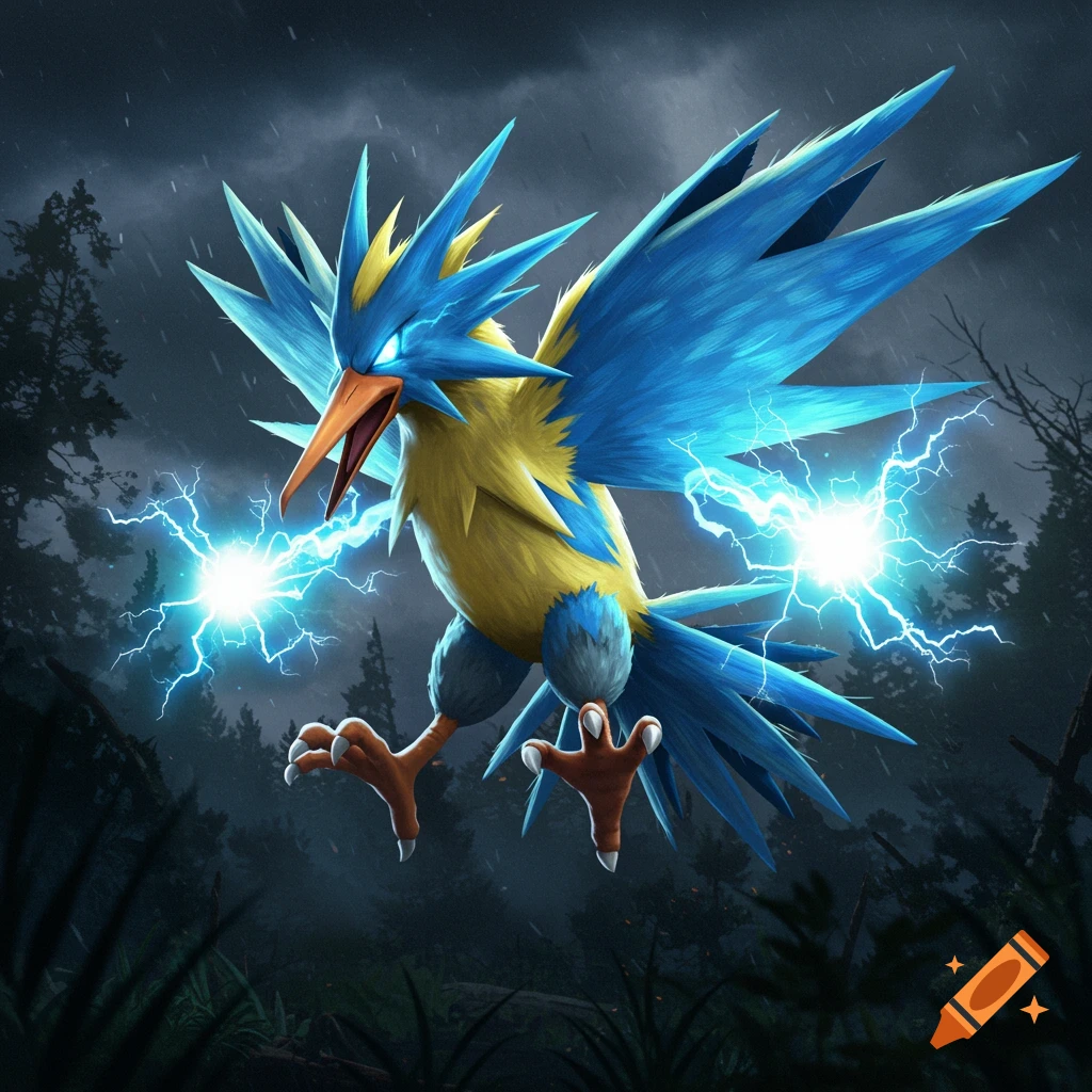 A blue and yellow electric bird creature flies through a stormy forest, crackling with blue energy.
