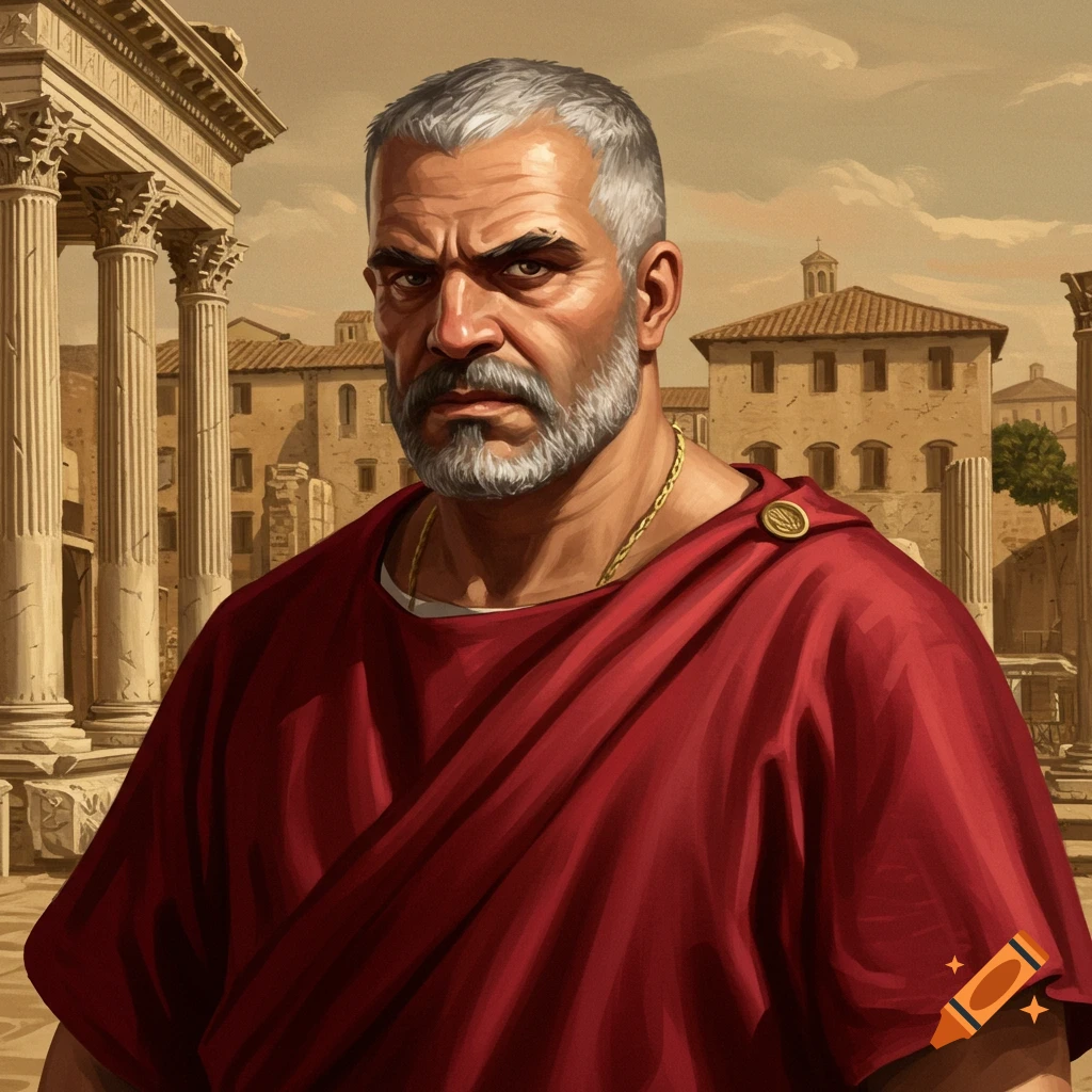 A man in a red tunic and gold chain stands before Roman ruins.