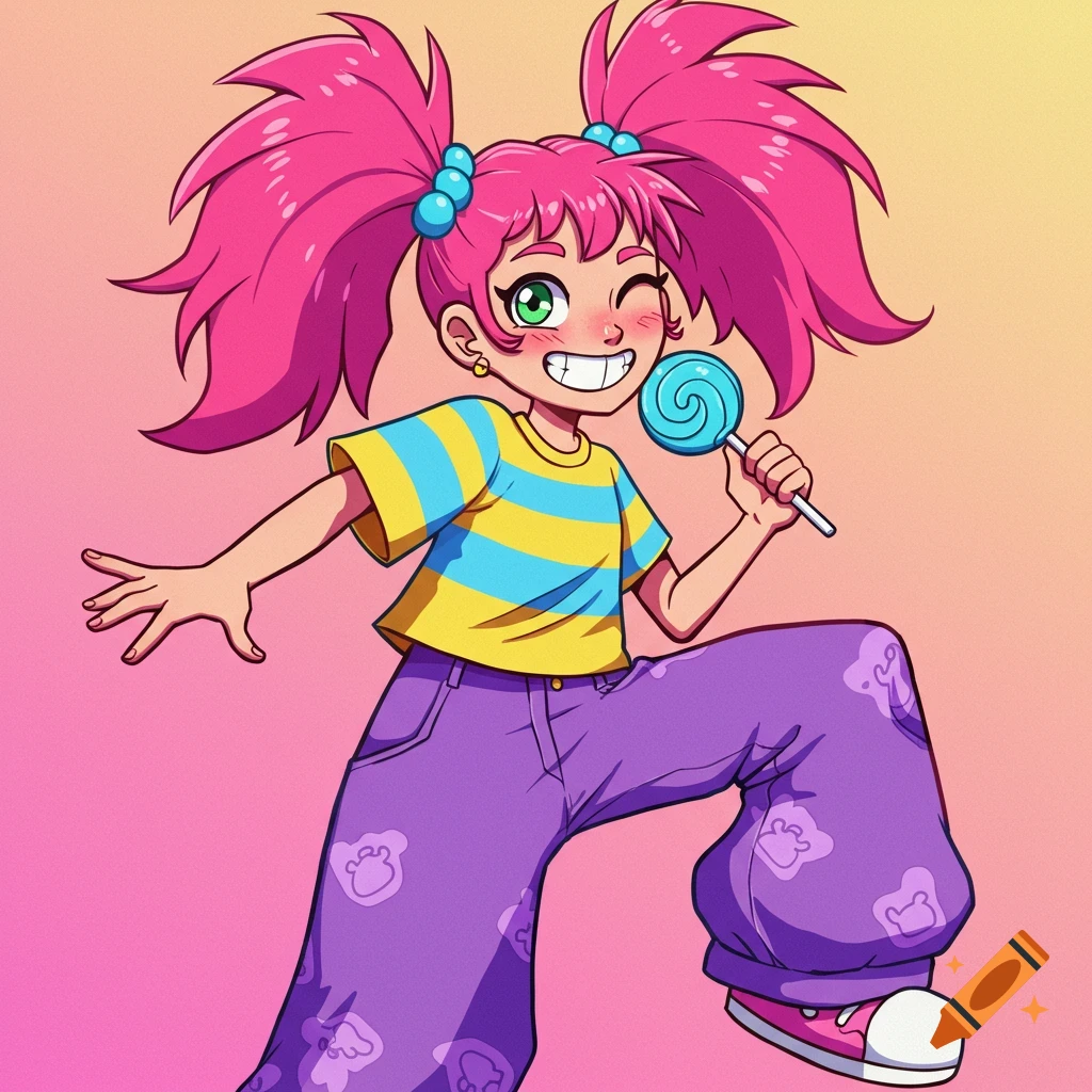 Colorful cartoon girl with pink pigtails, yellow and blue striped shirt, and purple pants, holding a lollipop.
