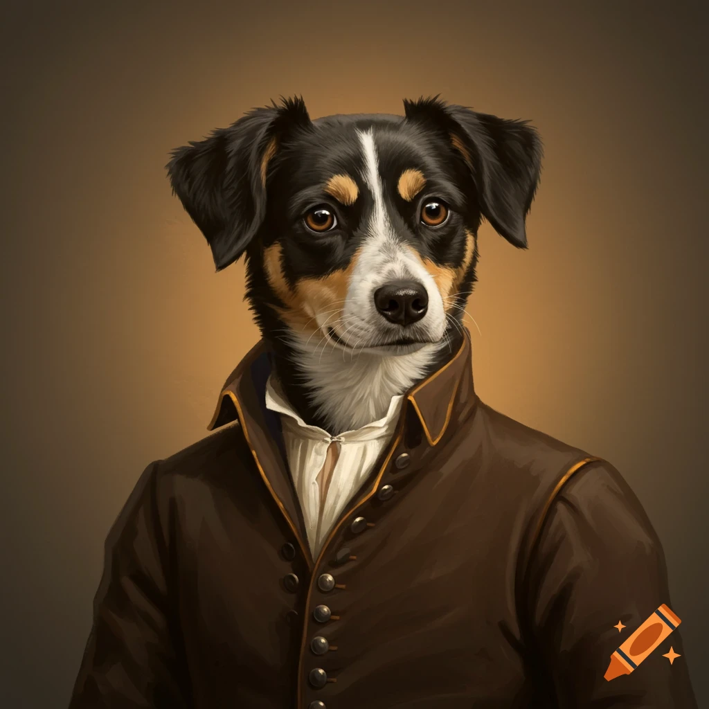 A dog wearing historical clothing.