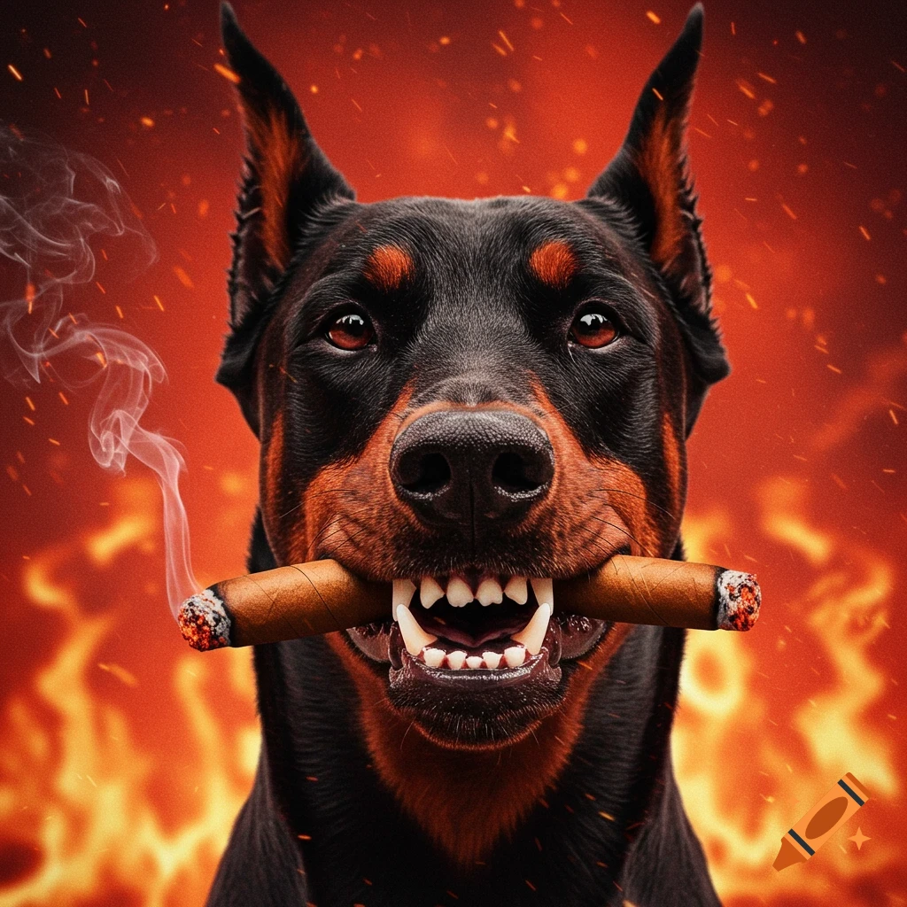 Closeup of a doberman dog holding a lit cigar in its mouth with a fiery red background