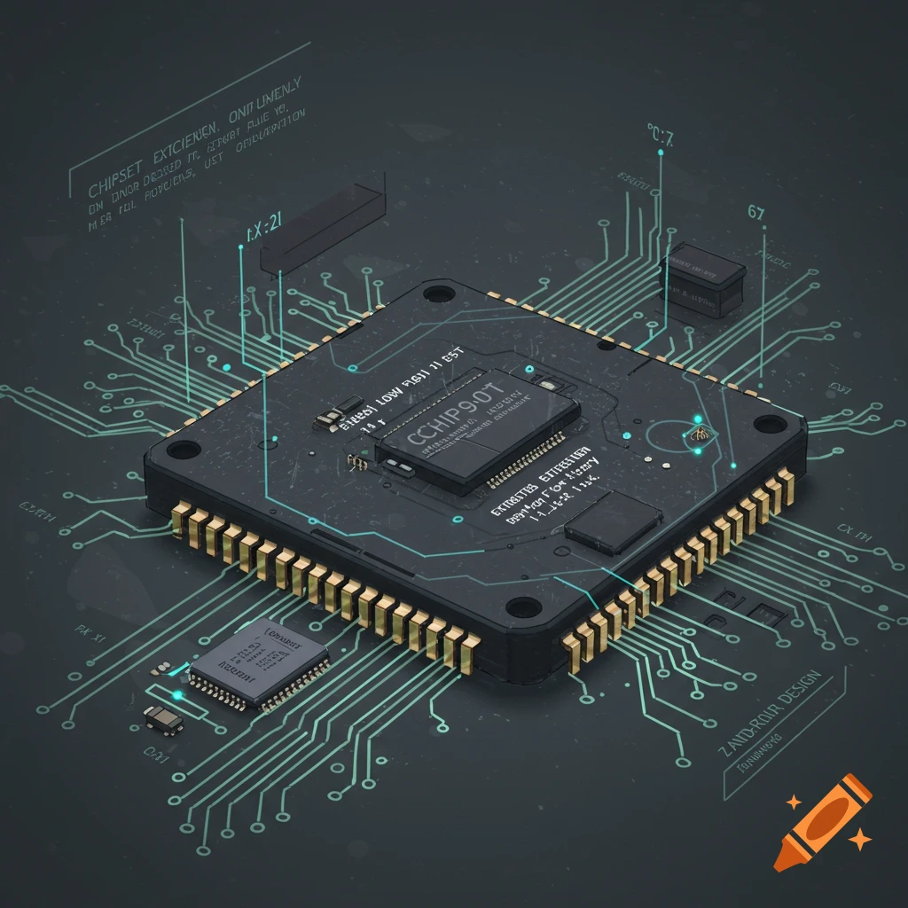 A close-up of a computer chip surrounded by circuitry.