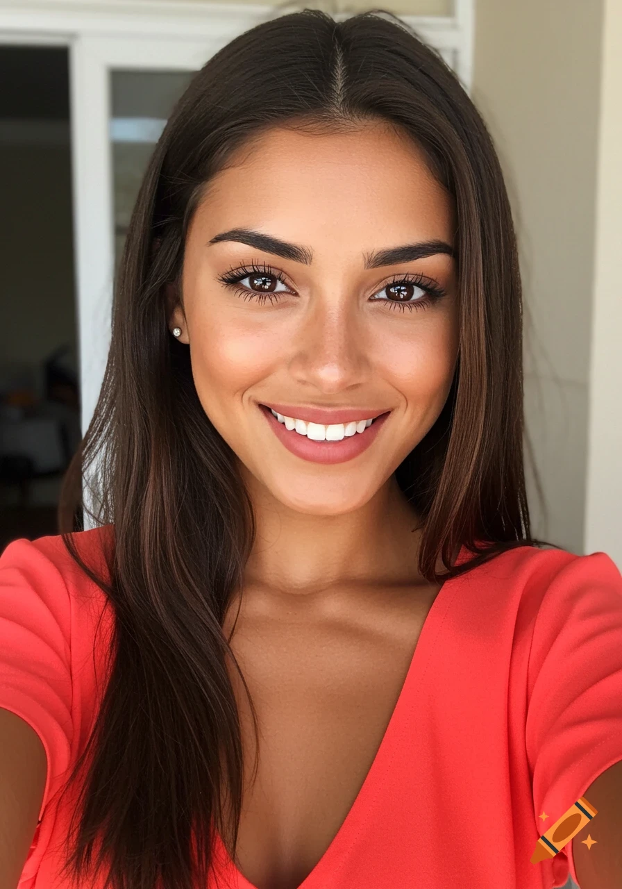 Close-up portrait of a smiling woman in an orange top.