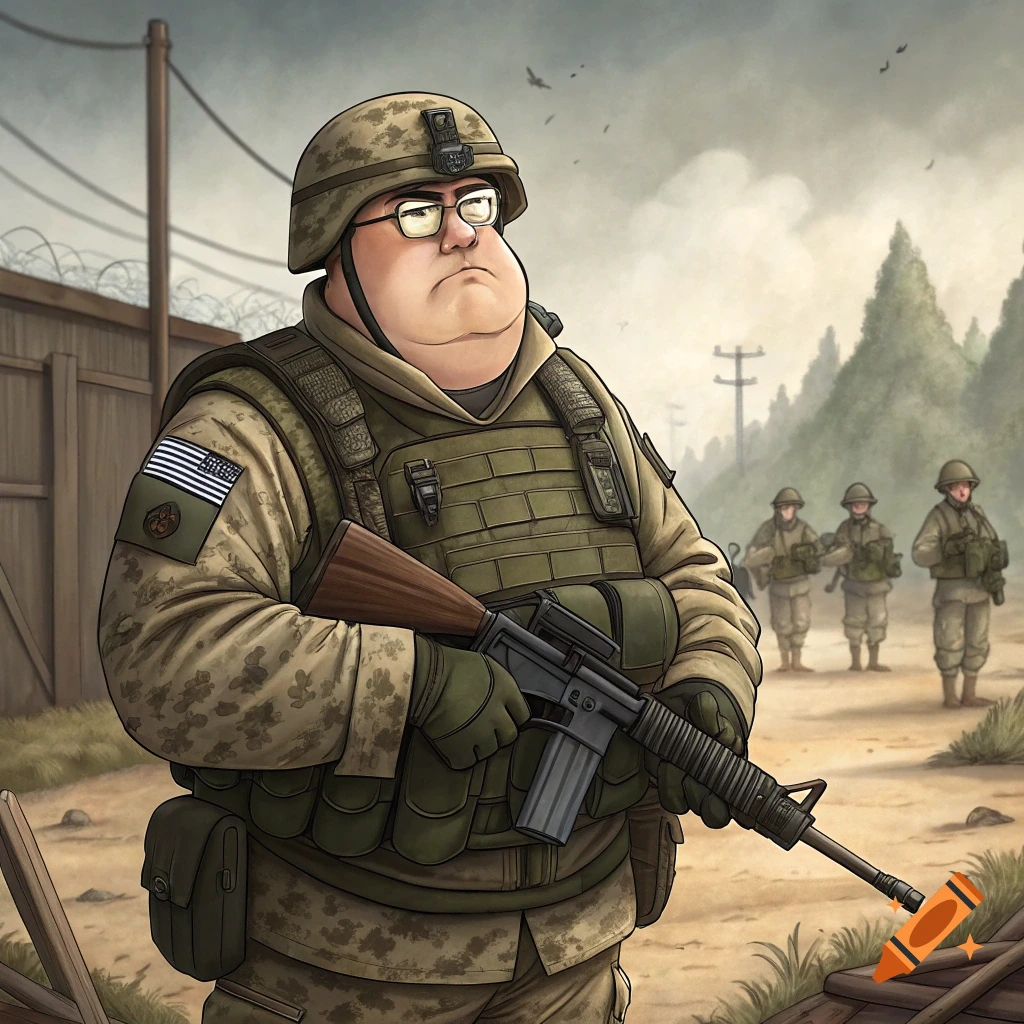 Cartoon character resembling Peter Griffin in military camouflage holds a rifle with soldiers in the background.