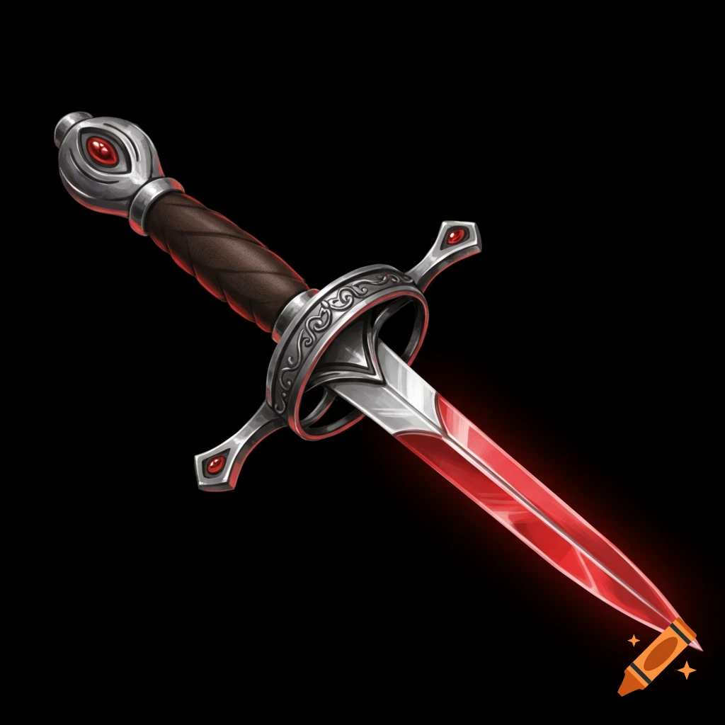 A fantasy dagger with a silver hilt and glowing red blade.