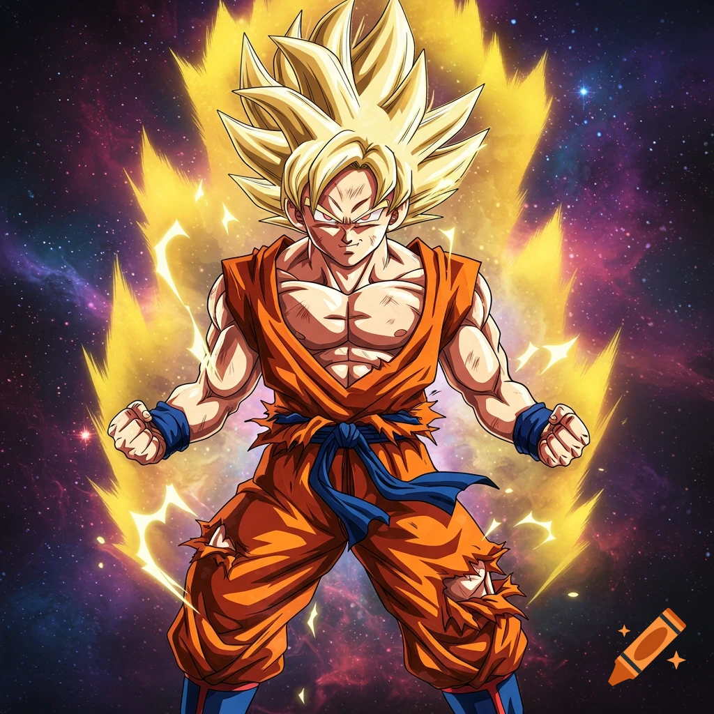 Goku in Super Saiyan form with golden aura against a cosmic background.