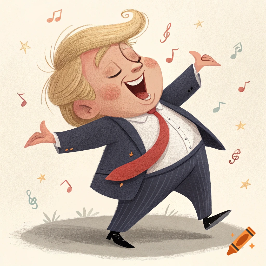 Cartoon caricature resembling Donald Trump singing or dancing, surrounded by musical notes.