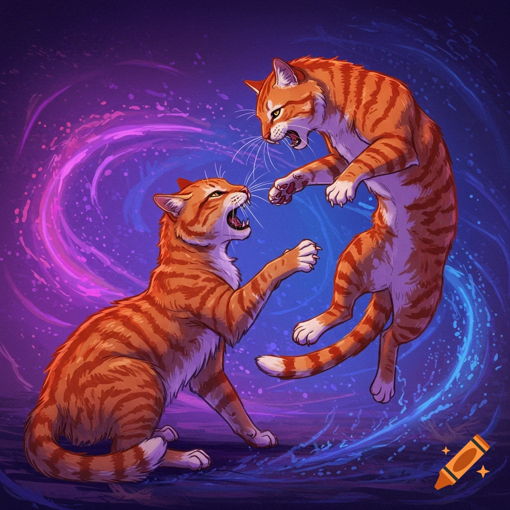 Two orange tabby cats fighting with glowing purple and blue energy around them.