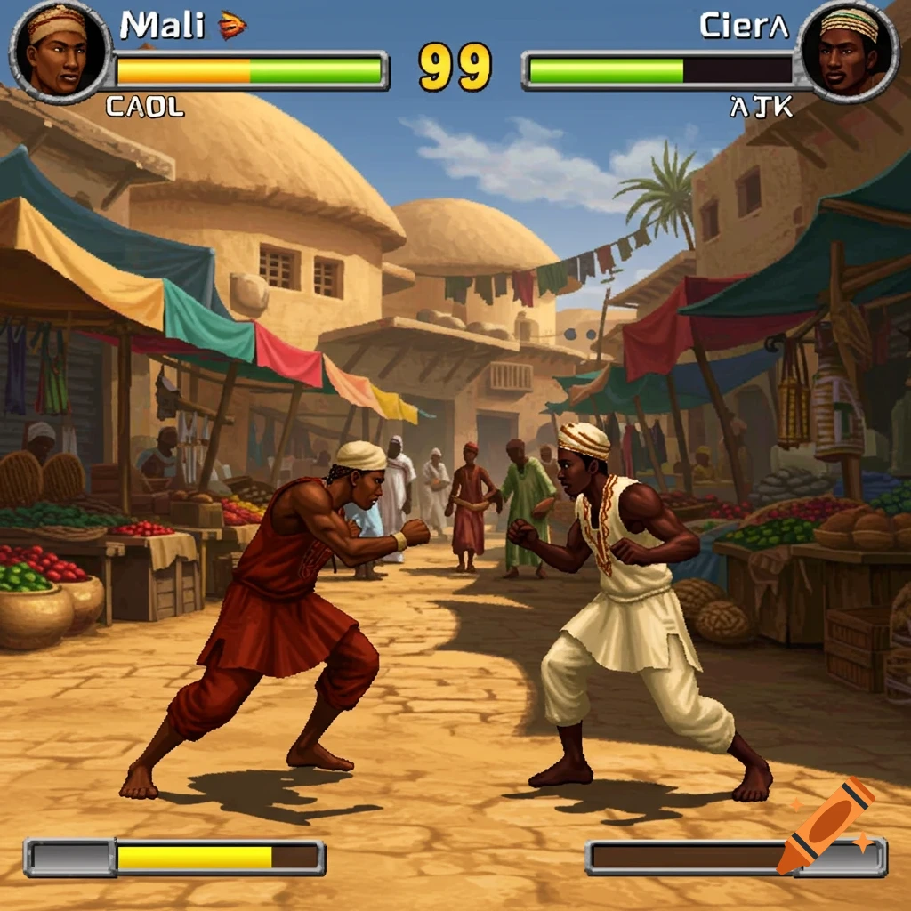 Two characters fight in a pixel art style fighting game set in a market.