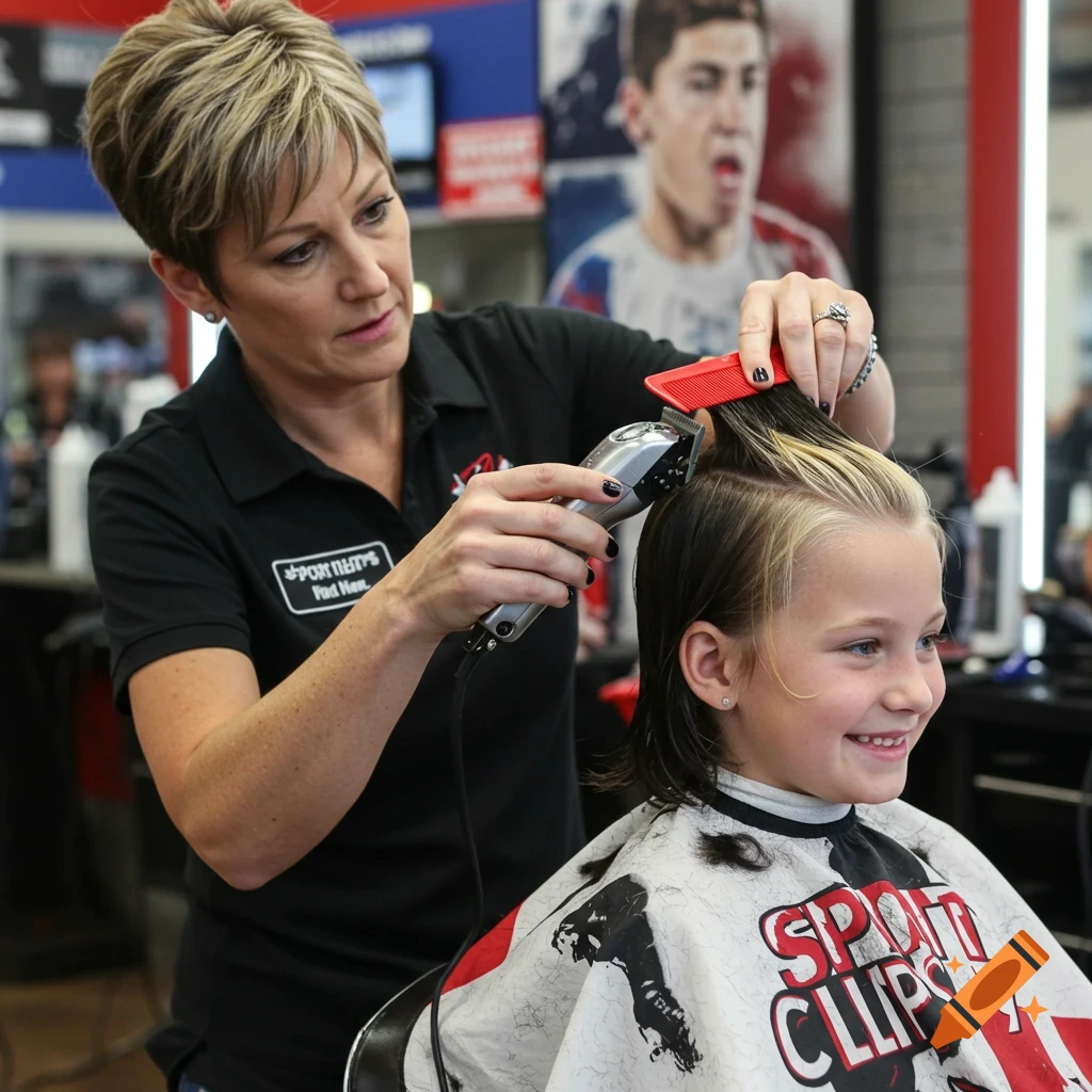 A hairdresser cuts a young girl's hair in a salon.