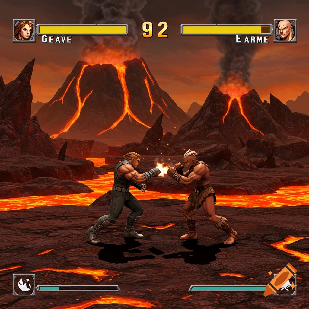 Two fighters battle in a fighting game on a screen, set in a volcanic wasteland with glowing lava and smoke. Includes UI elements like health bars and scores.