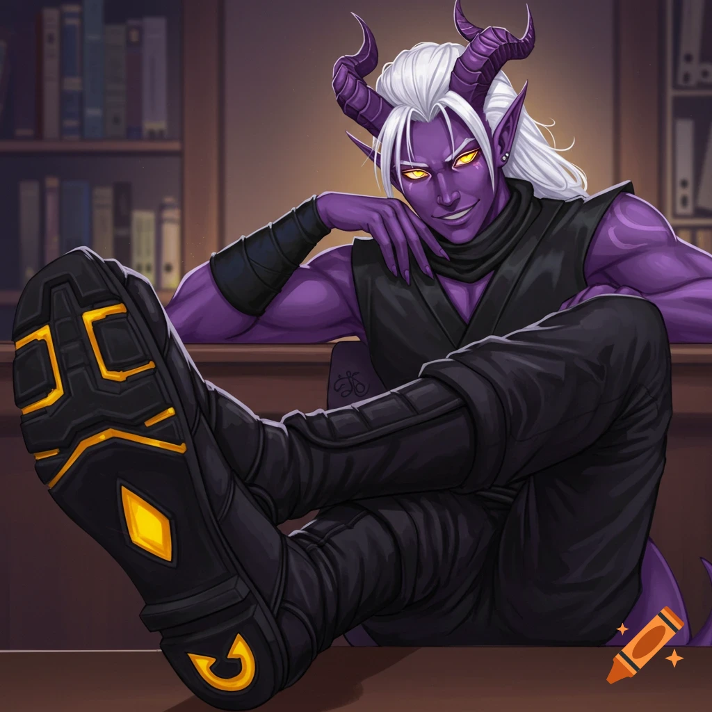 A purple-skinned male tiefling with horns and glowing eyes sits with his feet on a desk.
