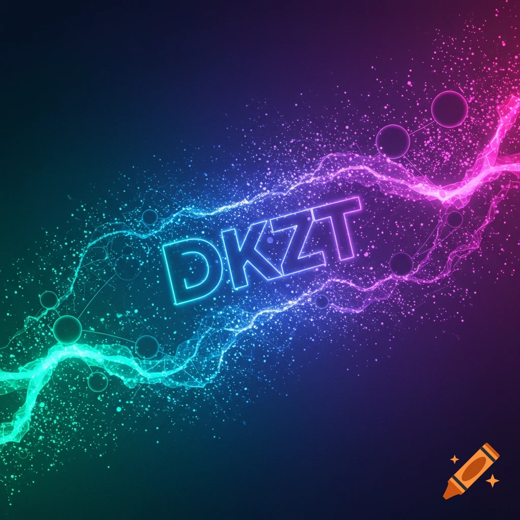 Glowing blue letters DKZT against a dark abstract background with colorful lines and particles.