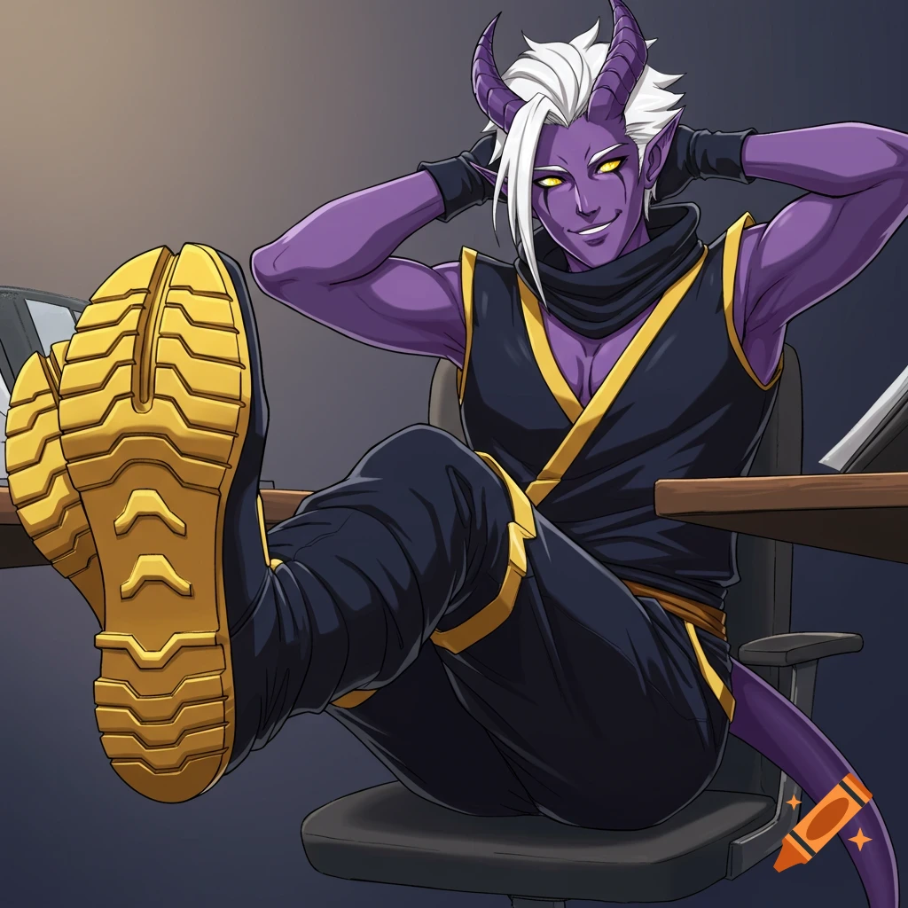 Purple-skinned anime character with horns and white hair relaxes with feet on desk