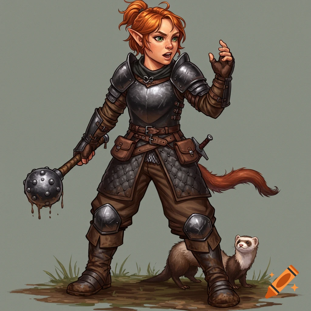 A young woman in fantasy armor holds a mace, accompanied by a ferret.
