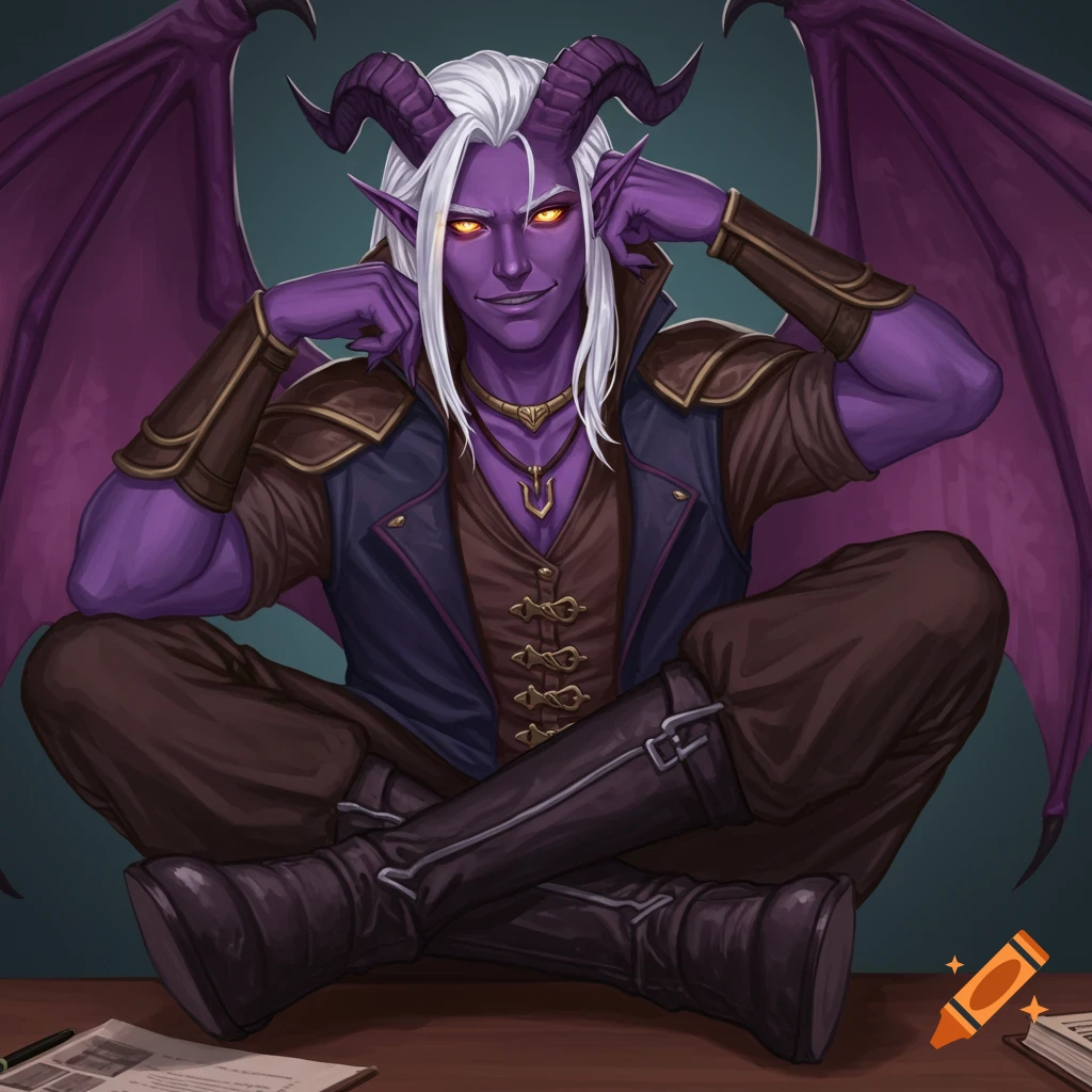 A purple-skinned male tiefling with white hair, horns, and wings sits cross-legged on a desk with a smirk.