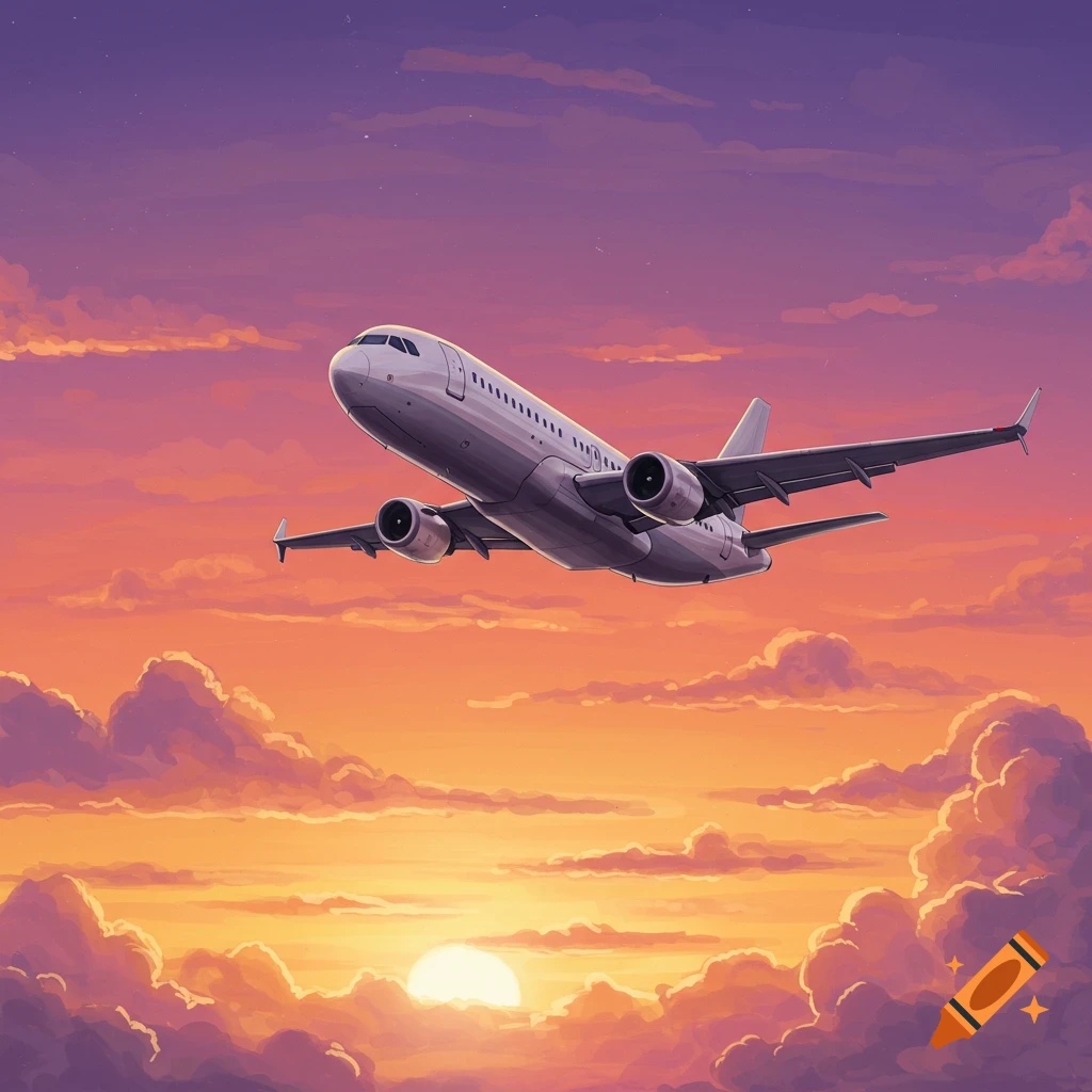 A plane flying through a colorful sunset sky with clouds.