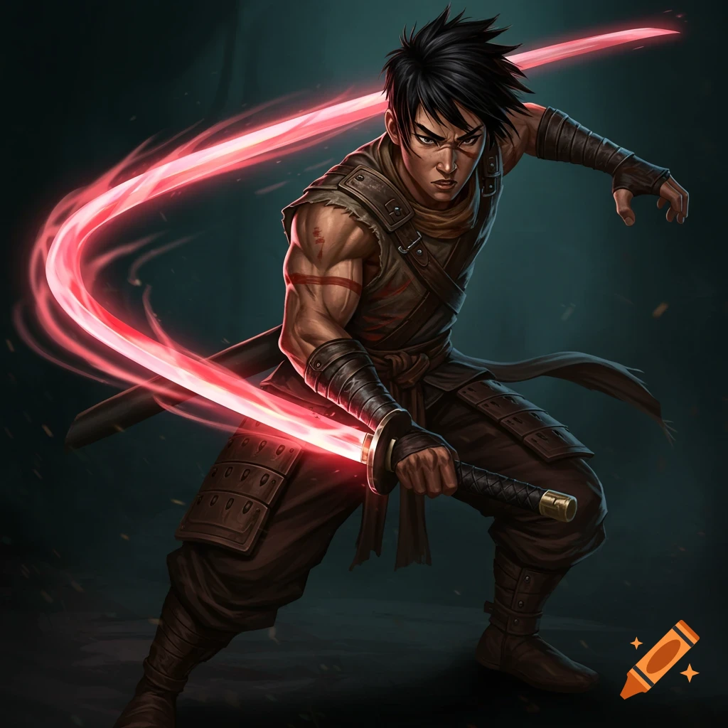 A male fighter with red glowing swords in a dynamic pose