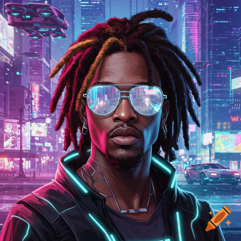 Cyberpunk portrait of a black man with dreads and mirror shades in a futuristic city.