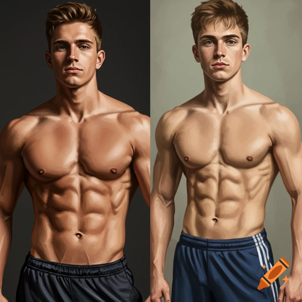 Two men stand side by side, one muscular and one less so, depicting a physical transformation.