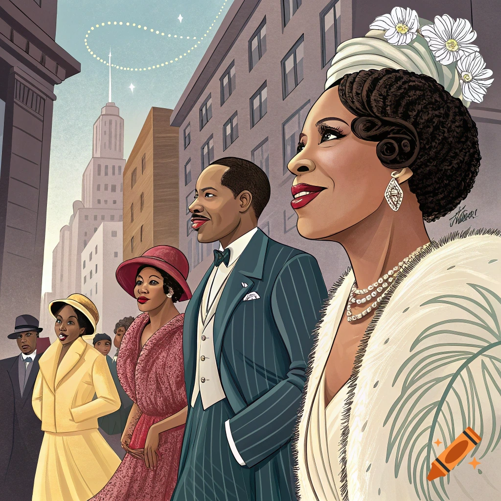 Illustration of well-dressed people in Harlem Renaissance era clothing walking down a city street