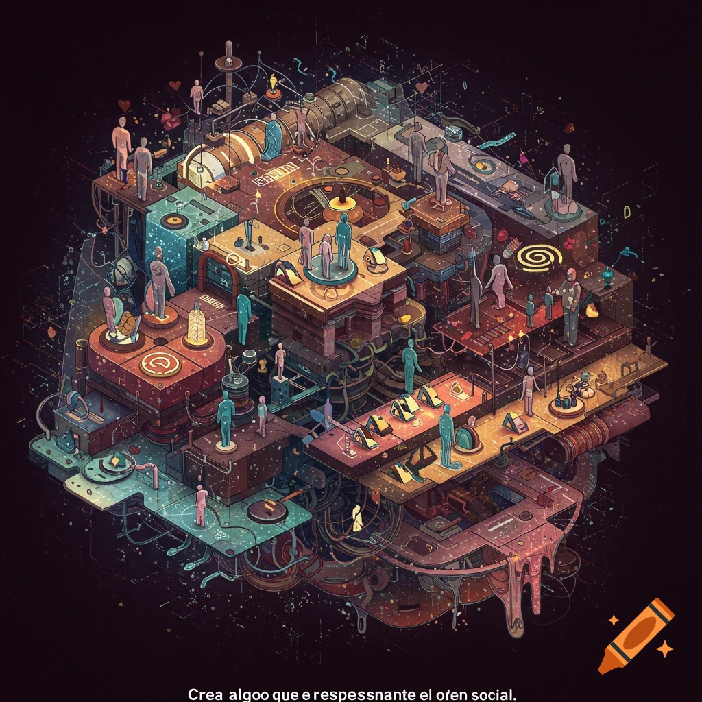 Abstract illustration of a complex, layered machine structure with stylized figures, representing social order.