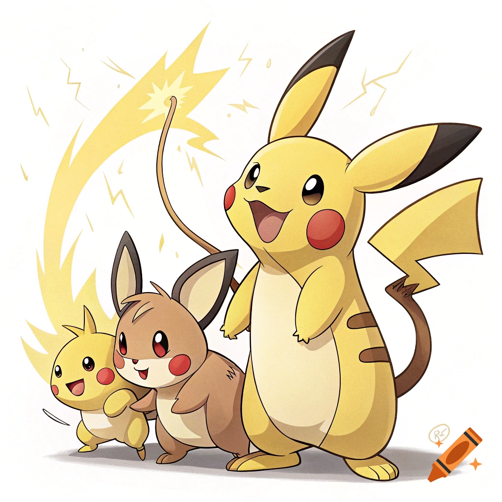 Cartoon illustration of Pichu, Raichu, and Pikachu with lightning