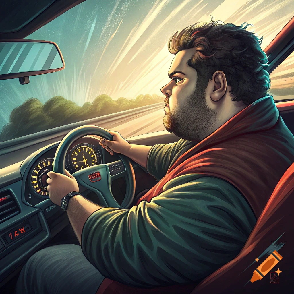 Illustrated portrait of a man driving a car at speed