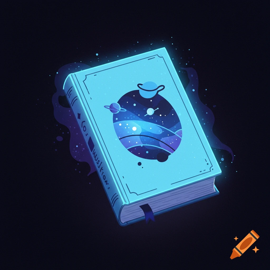 A glowing book with a space scene illustration on the cover, featuring planets, stars, and a nebula.