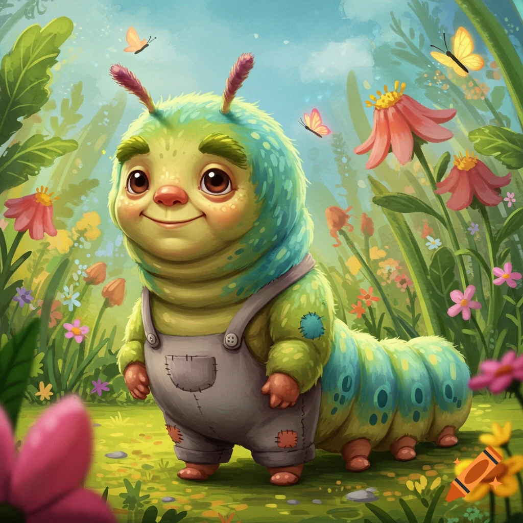 A cute, anthropomorphic caterpillar wearing overalls stands in a field of flowers with butterflies flying around.