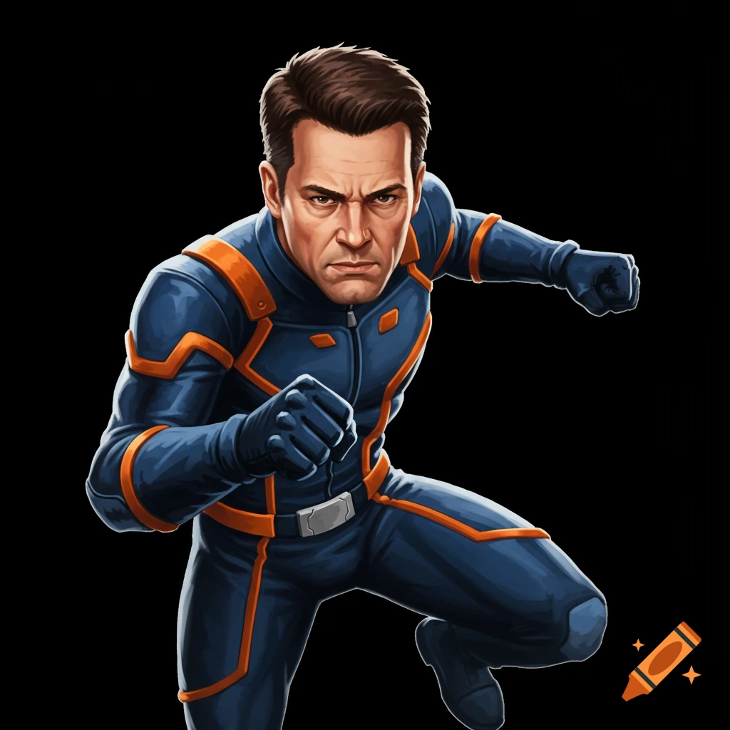 A man in a blue and orange superhero suit is striking a pose.