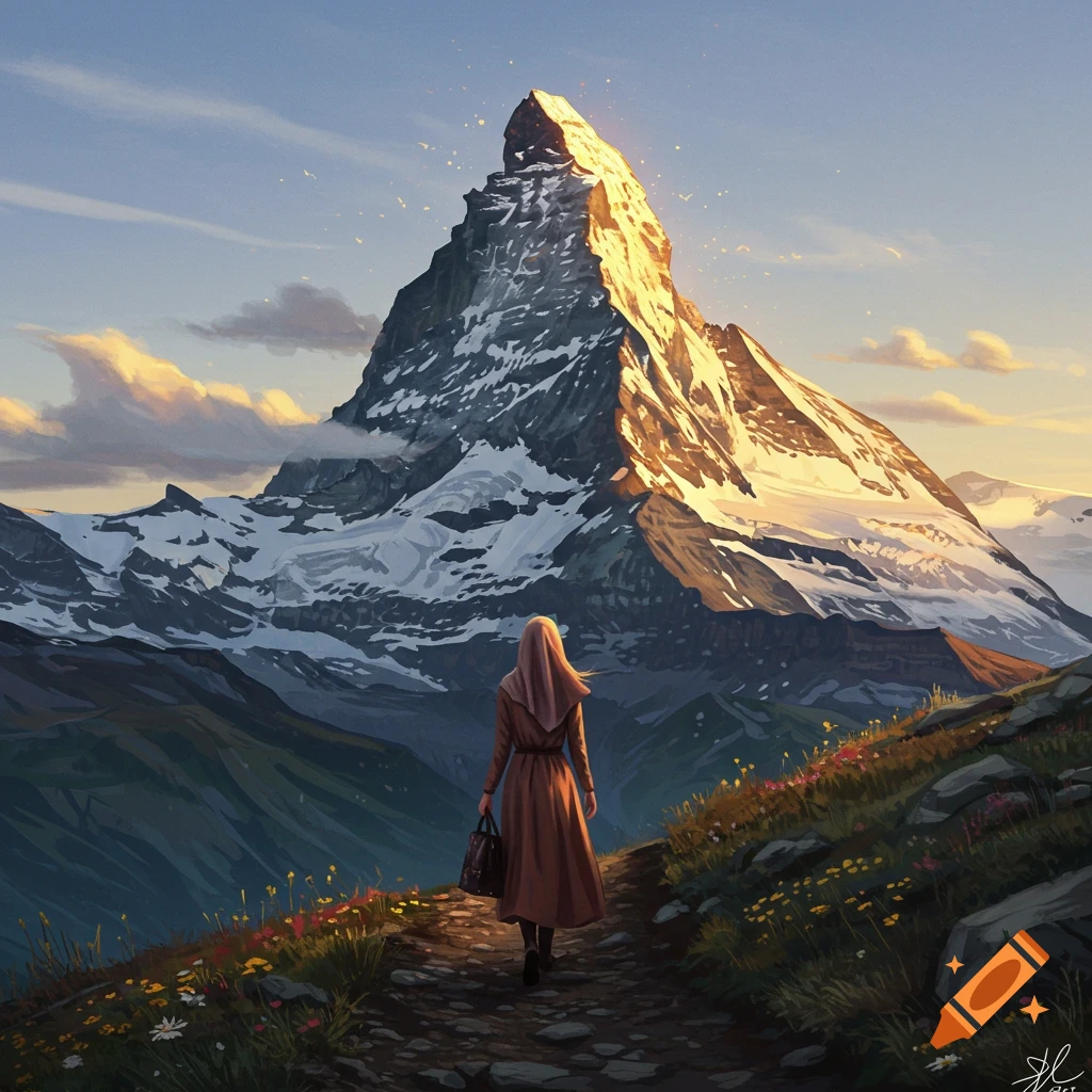 Person hiking towards a sunlit mountain peak at sunset.