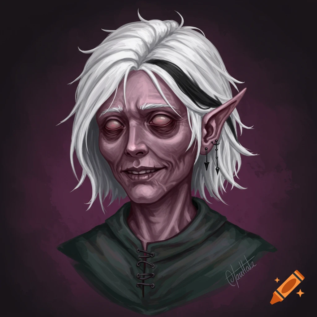Portrait of a gaunt fantasy character with white hair and sunken eyes.