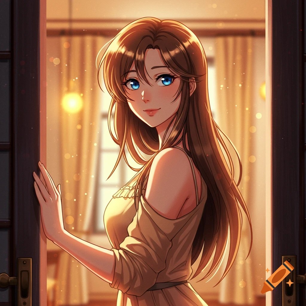 Anime portrait of a woman with long brown hair and blue eyes standing in a sunlit doorway.