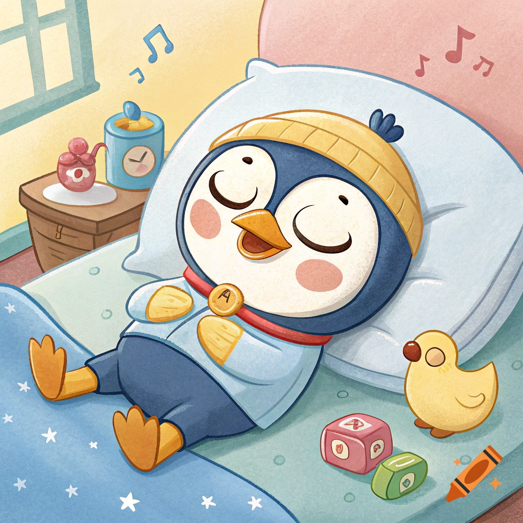 A cute cartoon penguin character wearing a hat sleeps in a bed with a starry blanket, surrounded by toys and music notes.