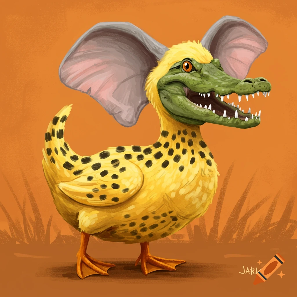 A hybrid creature with a duck body, alligator head, elephant ears, and cheetah spots.