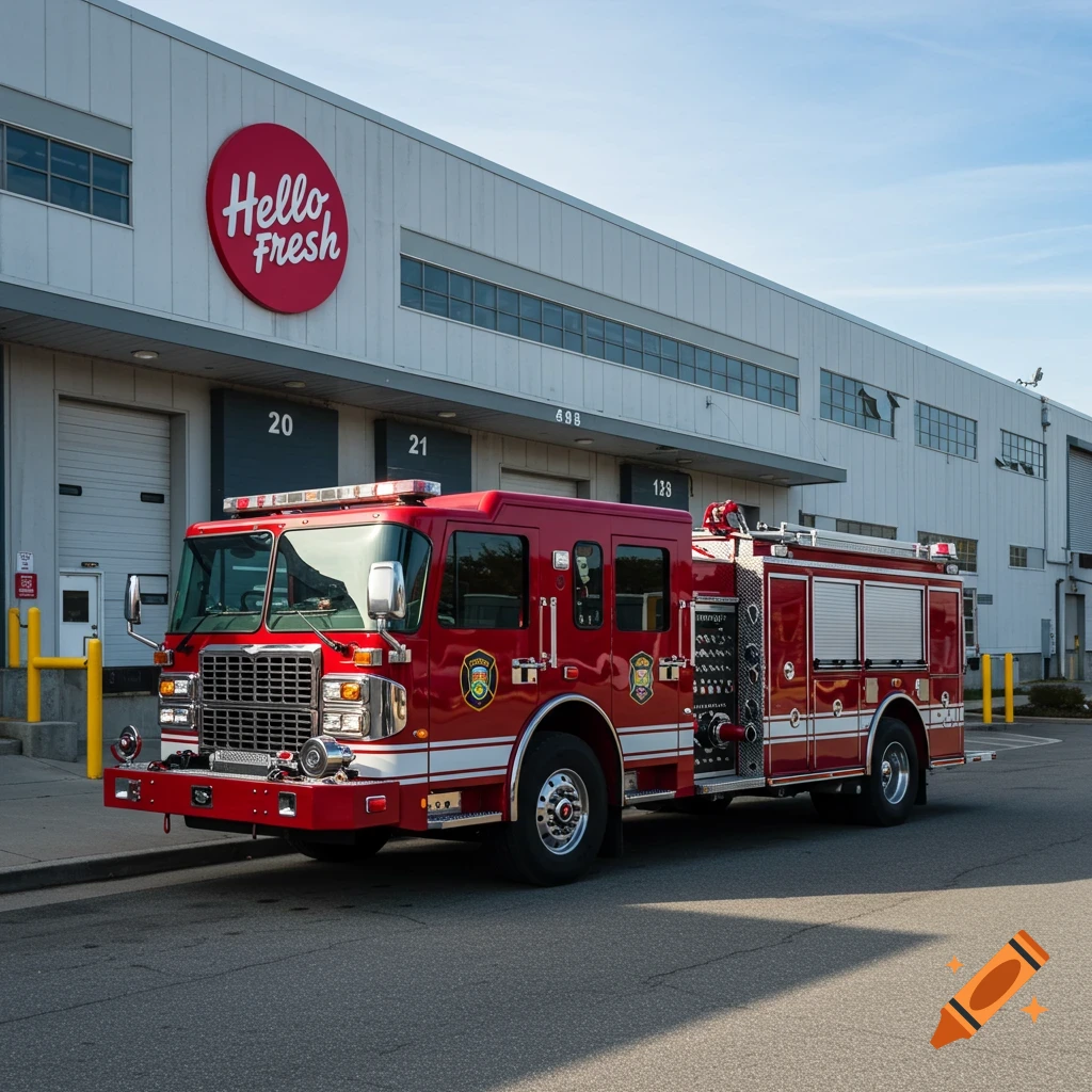 Red fire truck parked in front of a Hello Fresh building with garage doors.