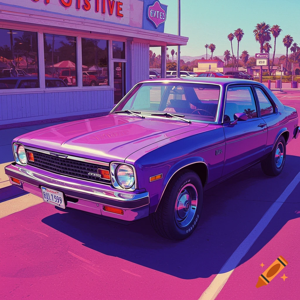 A purple vintage car parked in a parking lot with palm trees.