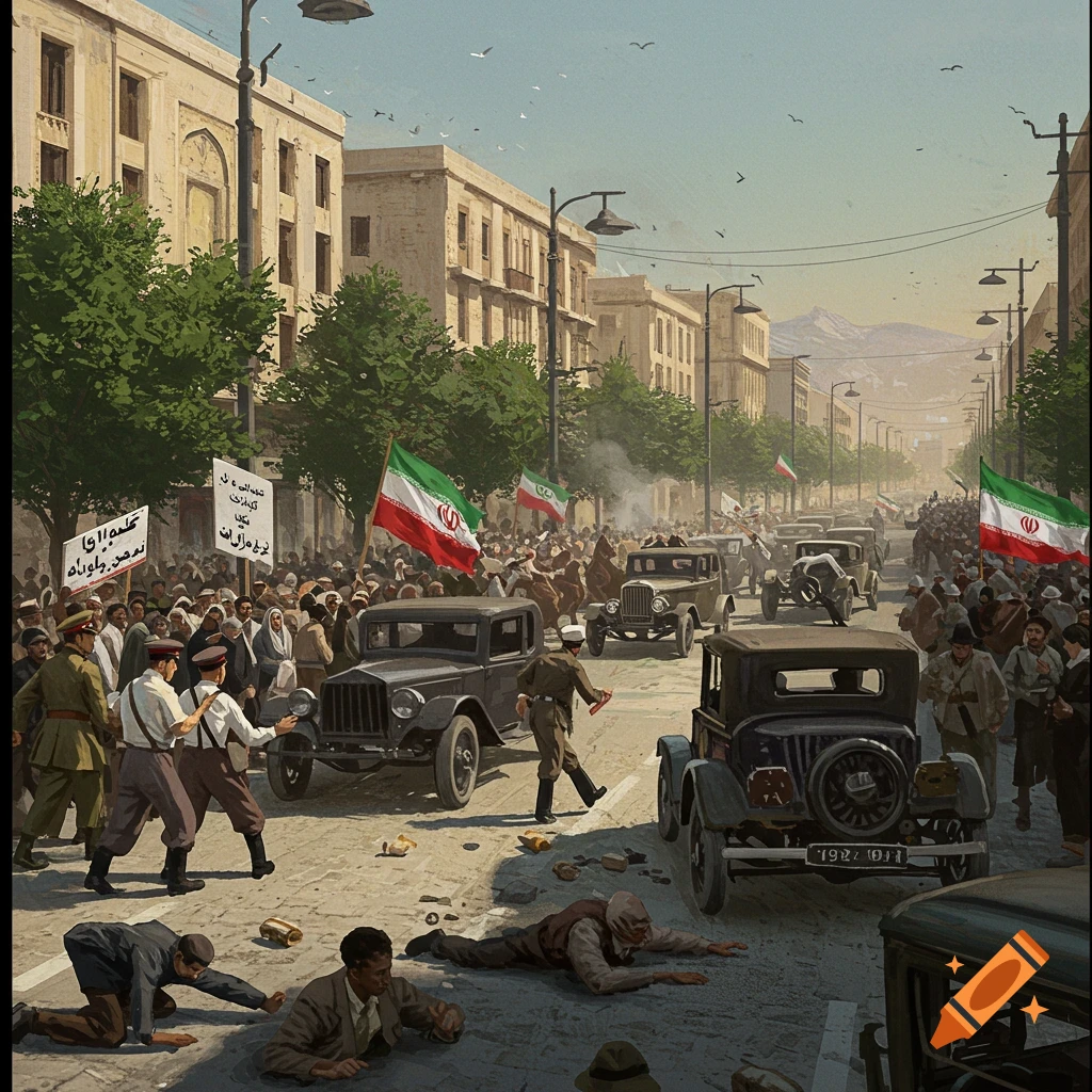 A historical street scene bustling with a crowd, cars, and flags. Several people are visible on the ground.