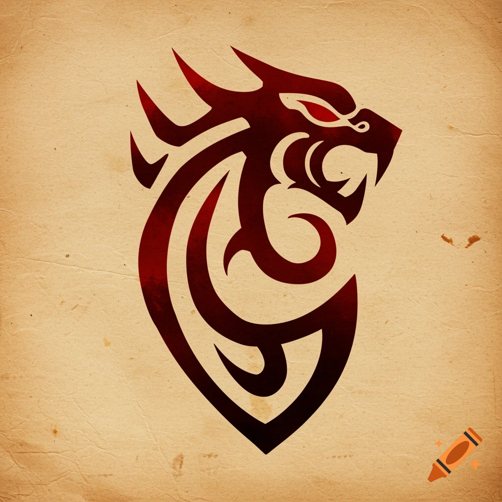 Stylized red and black tiger or serpent symbol on parchment.