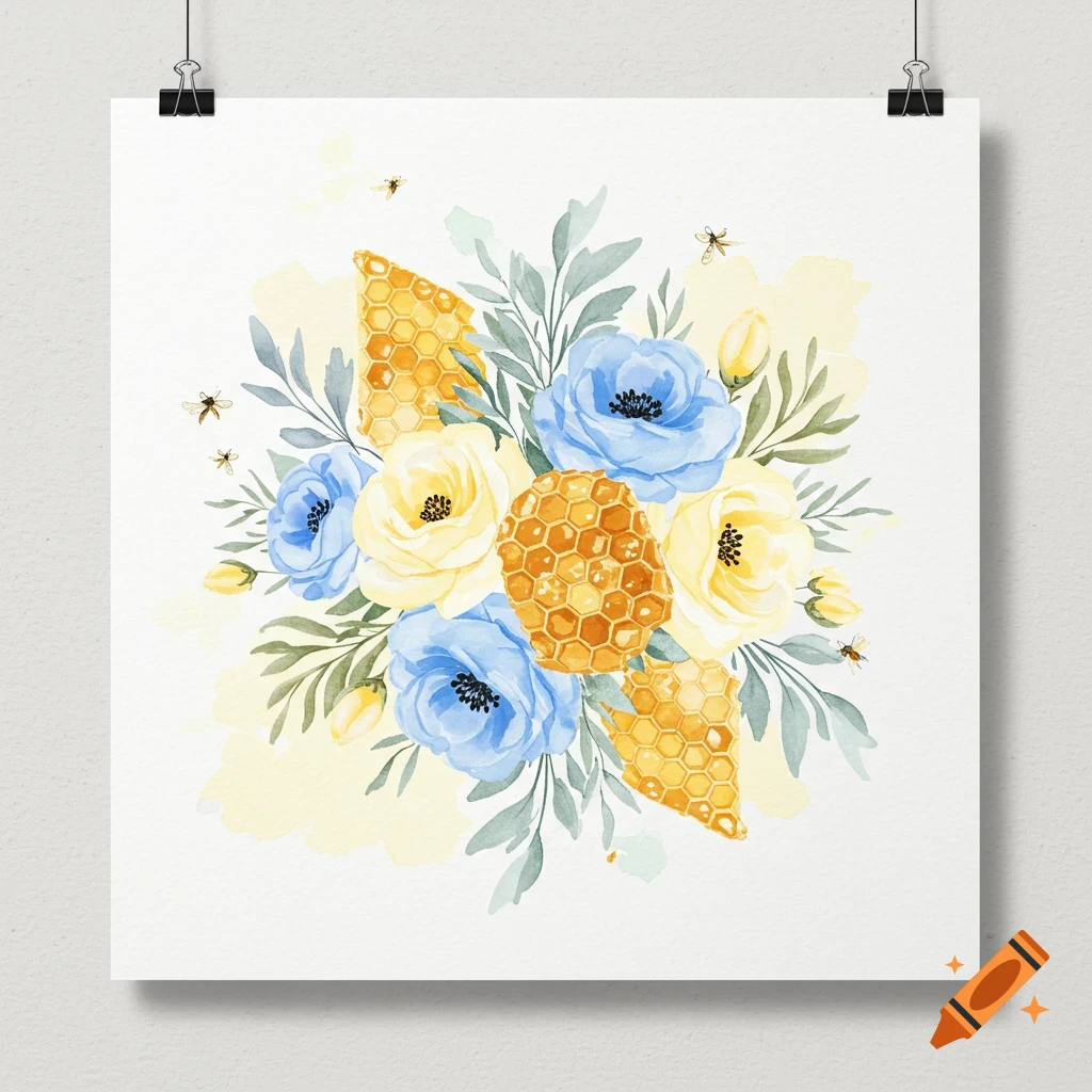 Watercolor bouquet with blue and yellow flowers, honeycomb, and bees.