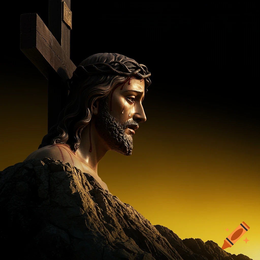 Close-up profile view of Jesus with a crown of thorns and tears on the cross, depicted in a realistic style.