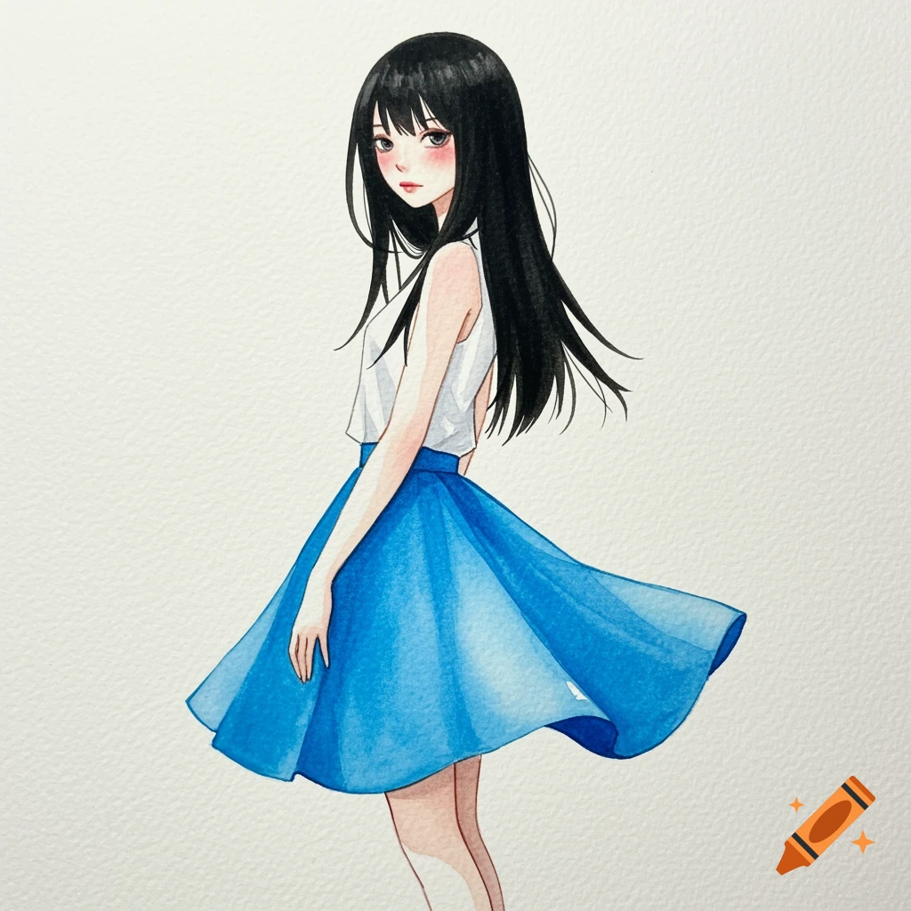 Watercolor painting of a girl with long black hair and a blue skirt.