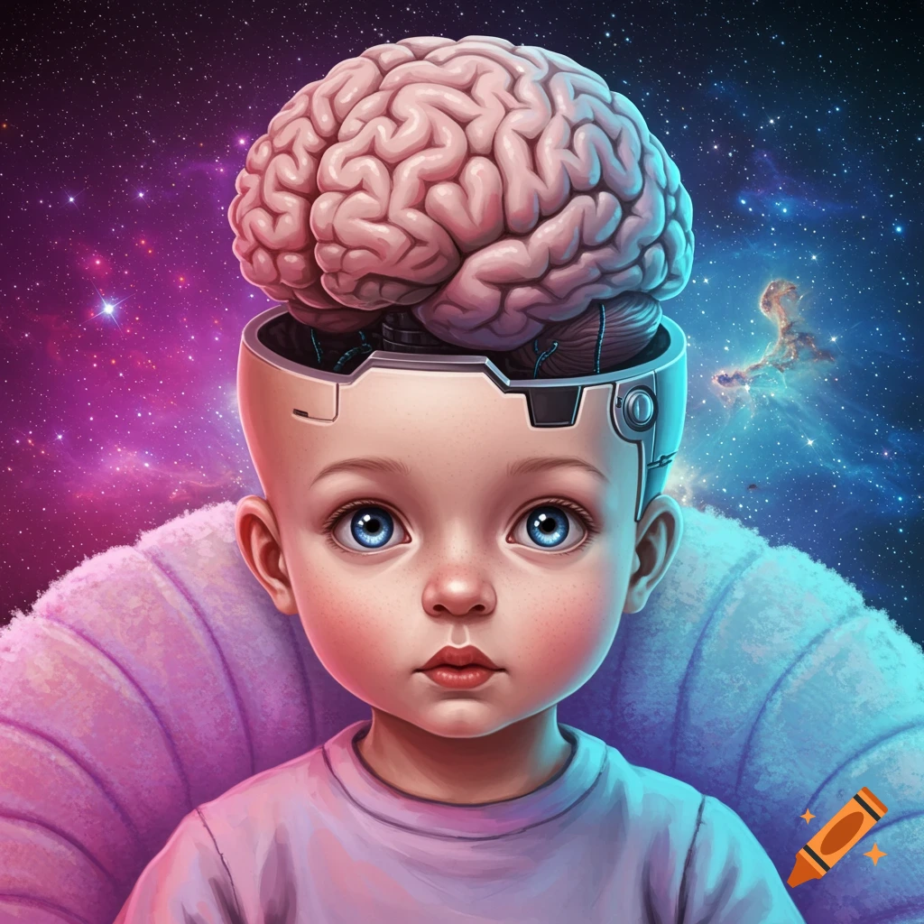 A child with a robotic head exposing a brain, set against a vibrant space background with nebulas.