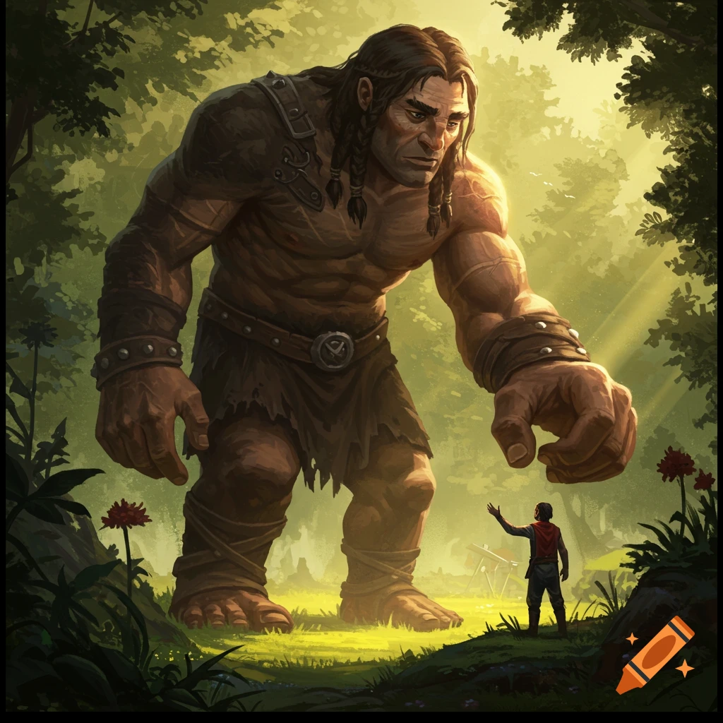 A huge muscular giant looks down at a small person in a forest.