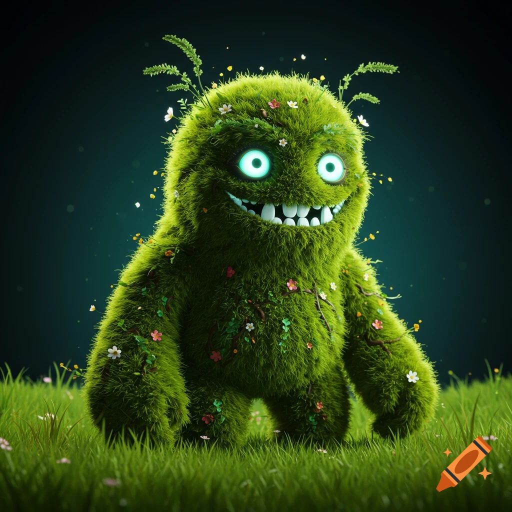A fluffy green grass monster with glowing eyes and teeth smiles in a field. Digital art.